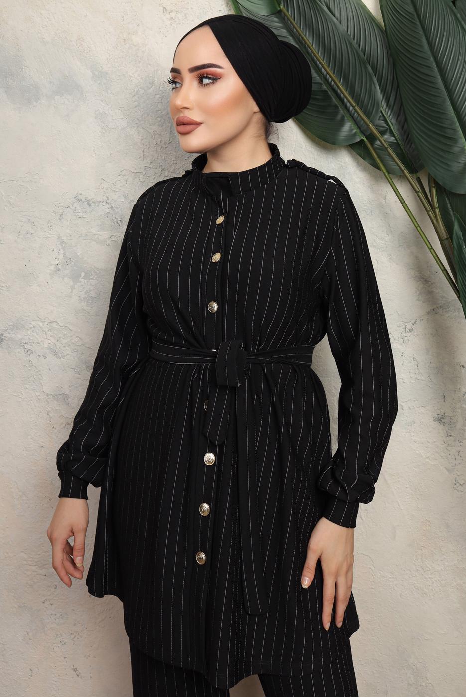 Tesettür giyim SİYAH KUŞAKLI ÇİZGİLİ PANTOLONLU TAKIM T 1643