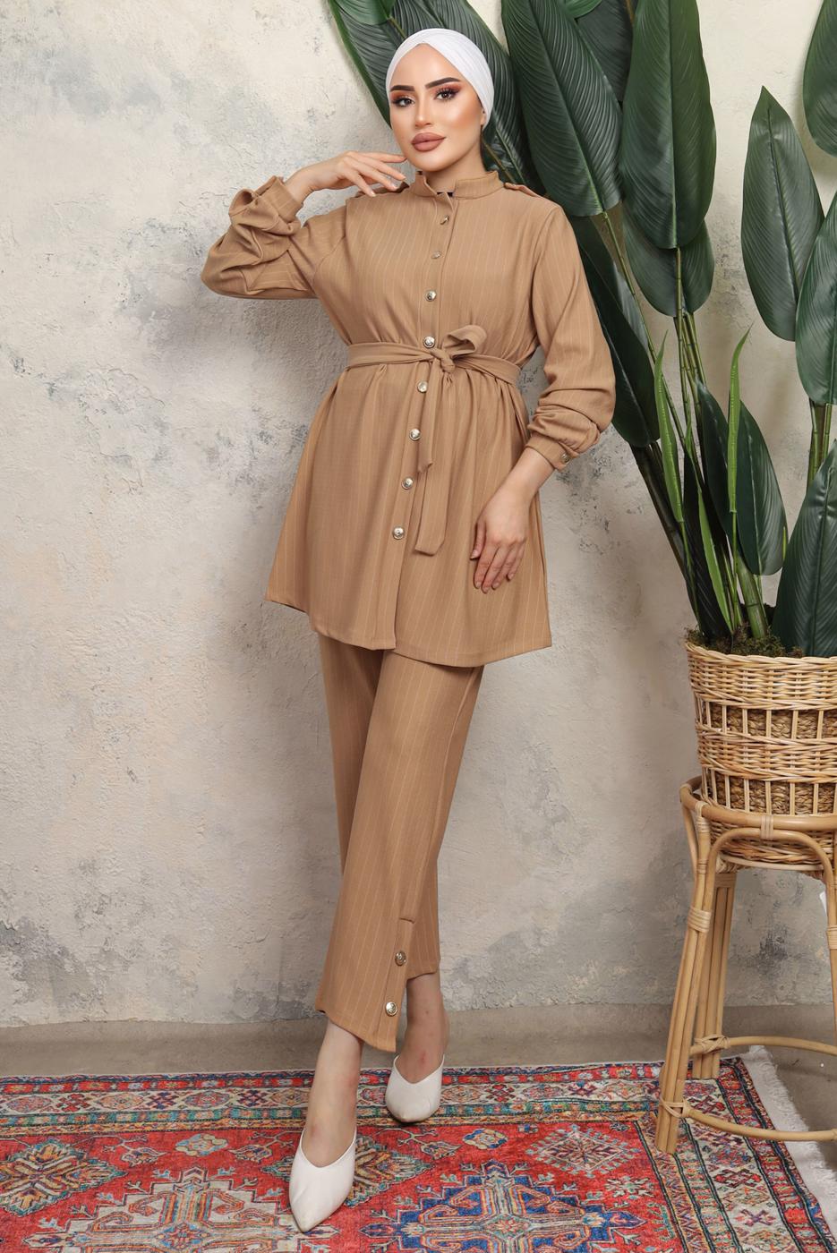 Tesettür giyim KAHVE KUŞAKLI ÇİZGİLİ PANTOLONLU TAKIM T 1643