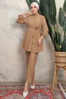 Tesettür giyim KAHVE KUŞAKLI ÇİZGİLİ PANTOLONLU TAKIM T 1643