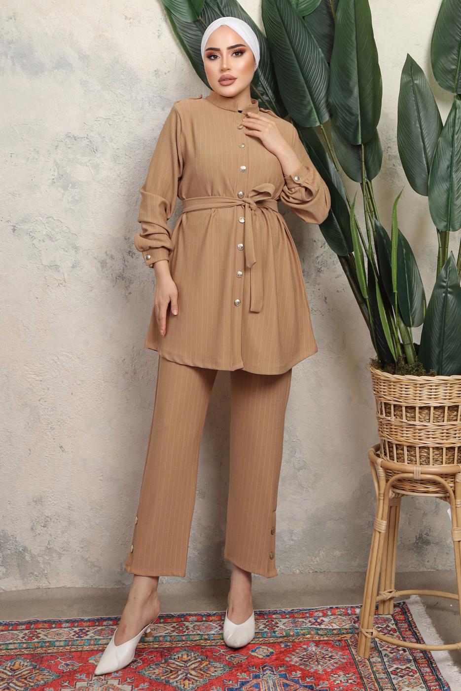 Tesettür giyim KAHVE KUŞAKLI ÇİZGİLİ PANTOLONLU TAKIM T 1643