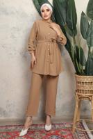 Tesettür giyim KAHVE KUŞAKLI ÇİZGİLİ PANTOLONLU TAKIM T 1643
