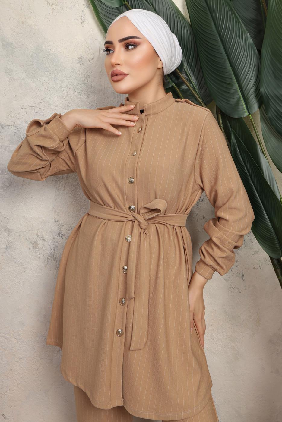 Tesettür giyim KAHVE KUŞAKLI ÇİZGİLİ PANTOLONLU TAKIM T 1643