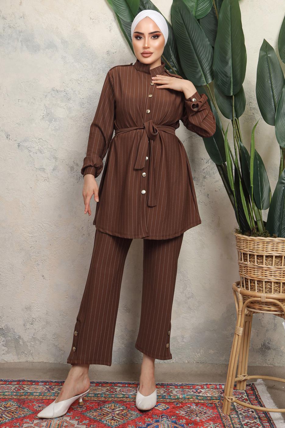 Tesettür giyim KAHVE KUŞAKLI ÇİZGİLİ PANTOLONLU TAKIM T 1643