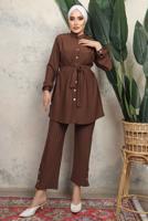 Tesettür giyim KAHVE KUŞAKLI ÇİZGİLİ PANTOLONLU TAKIM T 1643