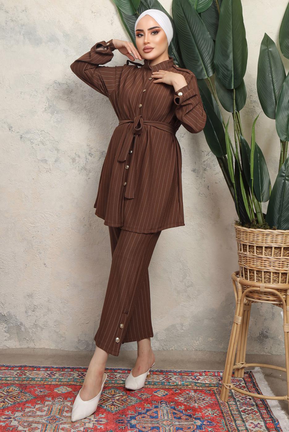 Tesettür giyim KAHVE KUŞAKLI ÇİZGİLİ PANTOLONLU TAKIM T 1643