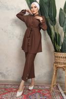 Tesettür giyim KAHVE KUŞAKLI ÇİZGİLİ PANTOLONLU TAKIM T 1643