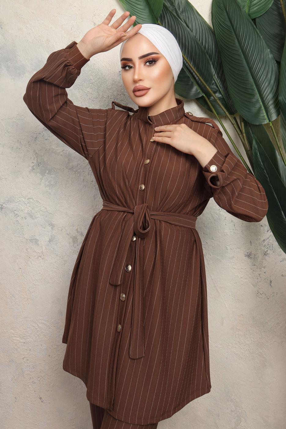 Tesettür giyim KAHVE KUŞAKLI ÇİZGİLİ PANTOLONLU TAKIM T 1643