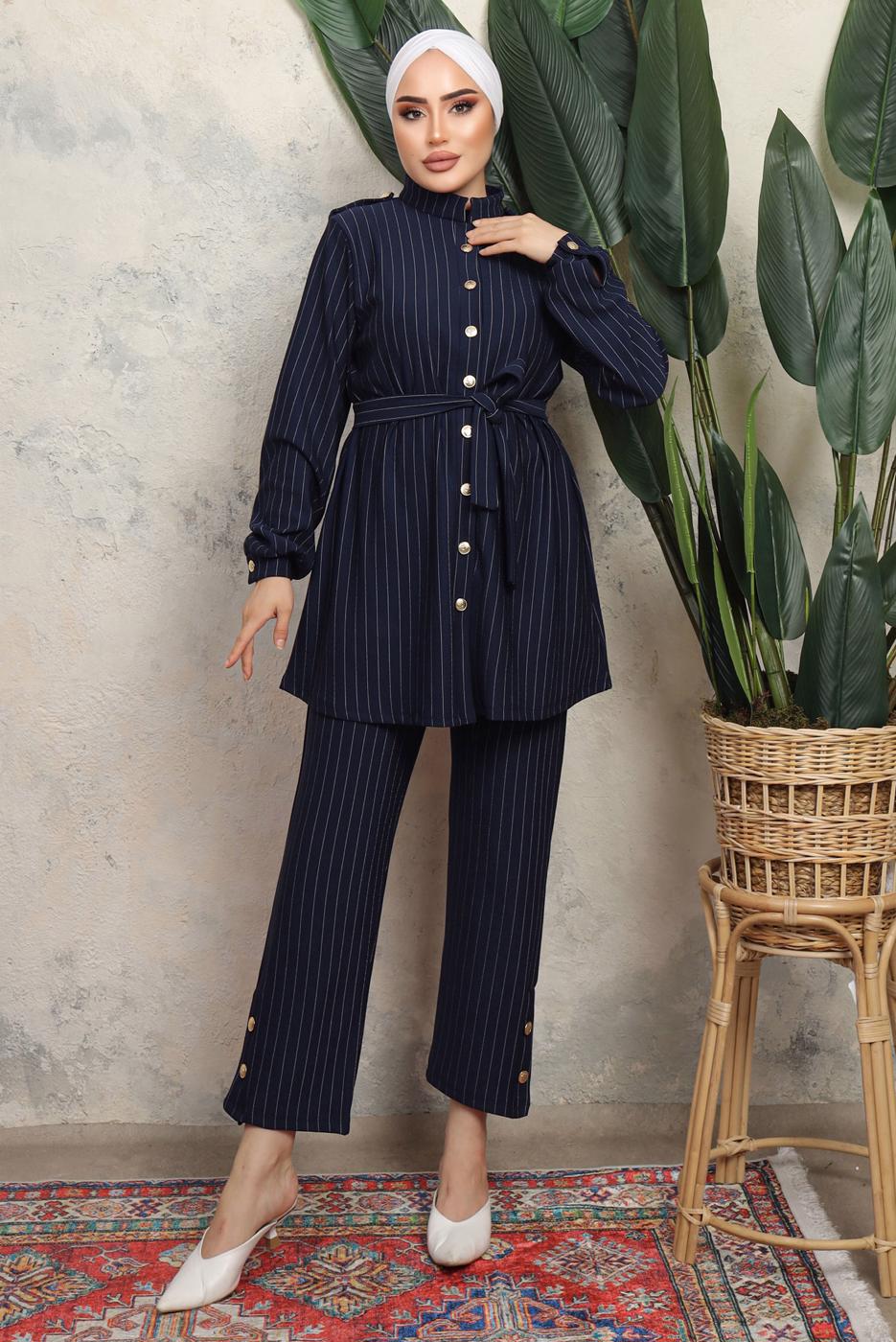 Tesettür giyim LACİVERT KUŞAKLI ÇİZGİLİ PANTOLONLU TAKIM T 1643