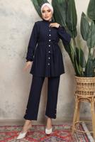 Tesettür giyim LACİVERT KUŞAKLI ÇİZGİLİ PANTOLONLU TAKIM T 1643