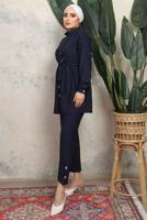 Tesettür giyim LACİVERT KUŞAKLI ÇİZGİLİ PANTOLONLU TAKIM T 1643