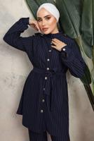 Tesettür giyim LACİVERT KUŞAKLI ÇİZGİLİ PANTOLONLU TAKIM T 1643