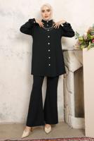 Tesettür giyim SİYAH ZİNCİR DETAYLI PANTOLONLU TAKIM T 1843