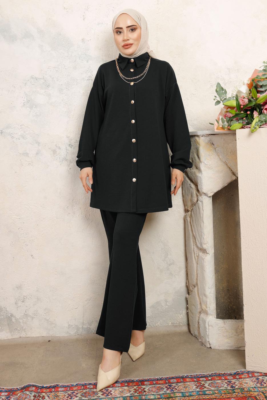 Tesettür giyim SİYAH ZİNCİR DETAYLI PANTOLONLU TAKIM T 1843