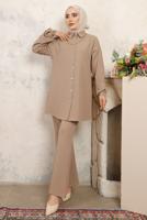 Tesettür giyim BEJ ZİNCİR DETAYLI PANTOLONLU TAKIM T 1843