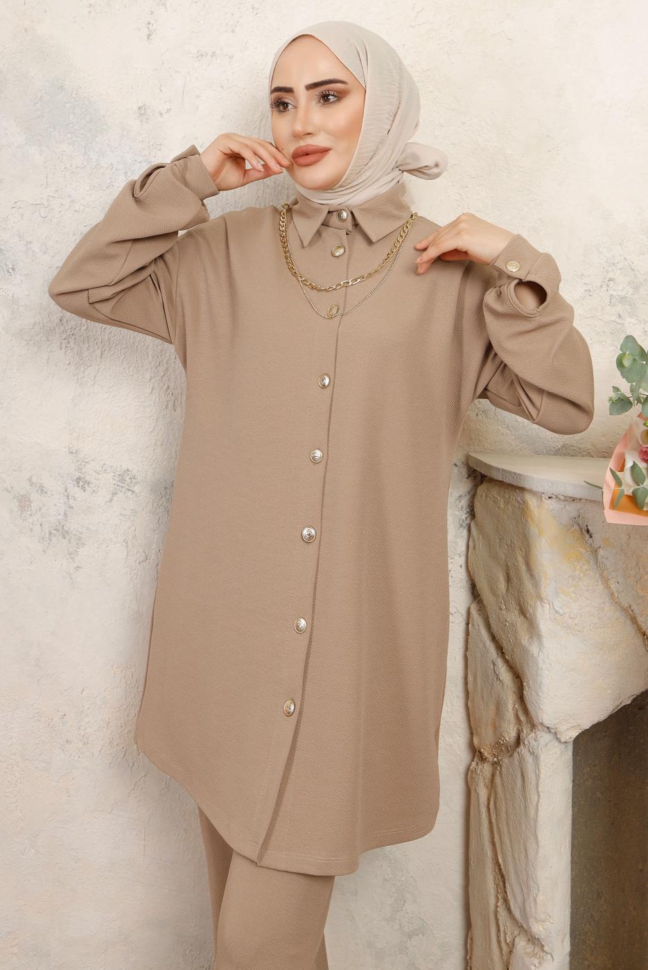 Tesettür giyim BEJ ZİNCİR DETAYLI PANTOLONLU TAKIM T 1843
