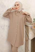 Tesettür giyim BEJ ZİNCİR DETAYLI PANTOLONLU TAKIM T 1843