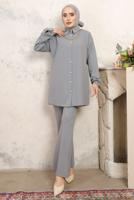 Tesettür giyim GRİ ZİNCİR DETAYLI PANTOLONLU TAKIM T 1843