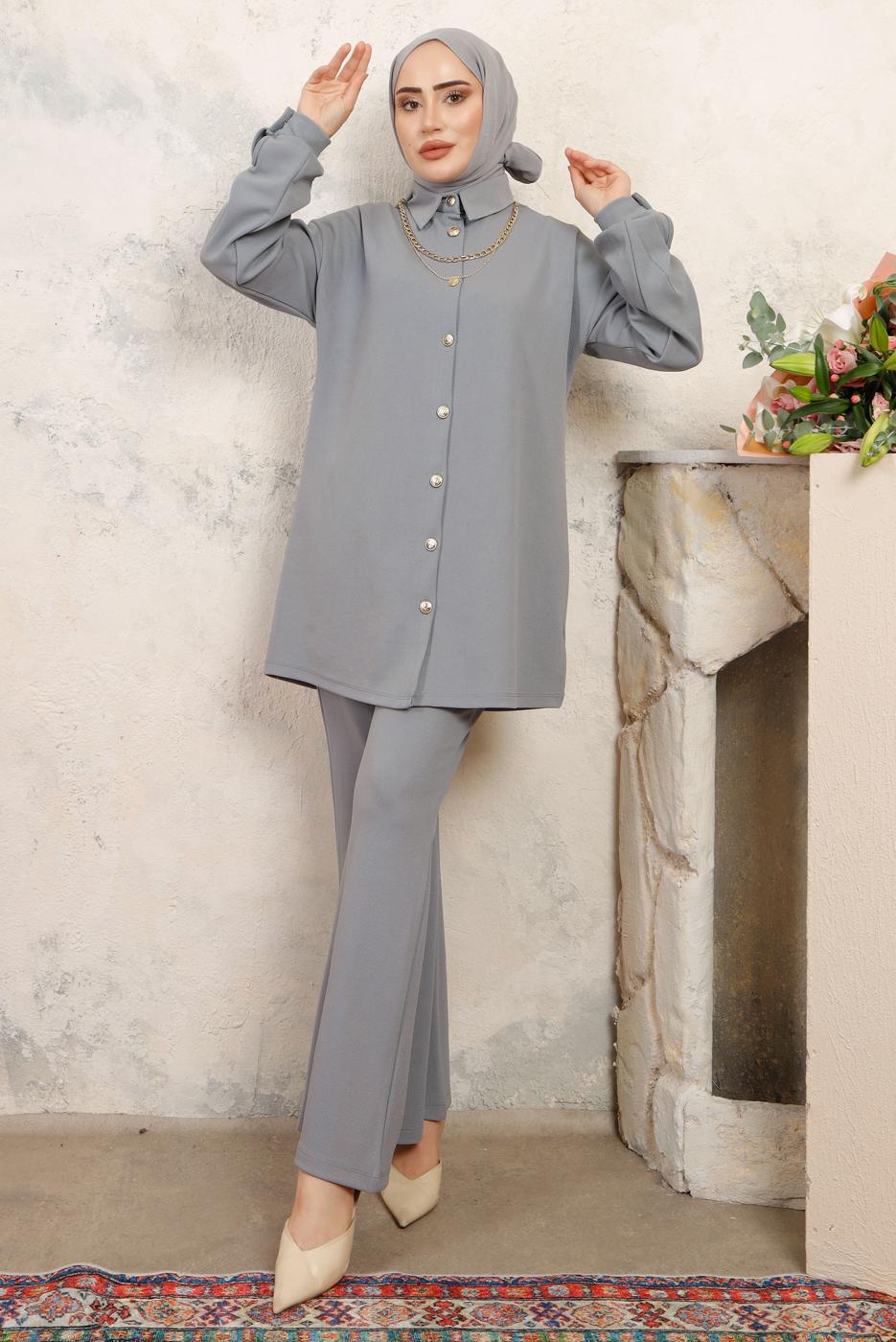 Tesettür giyim GRİ ZİNCİR DETAYLI PANTOLONLU TAKIM T 1843