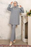 Tesettür giyim GRİ ZİNCİR DETAYLI PANTOLONLU TAKIM T 1843