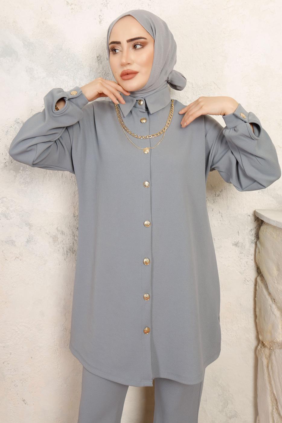 Tesettür giyim GRİ ZİNCİR DETAYLI PANTOLONLU TAKIM T 1843