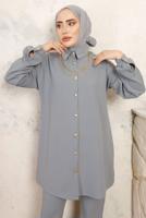 Tesettür giyim GRİ ZİNCİR DETAYLI PANTOLONLU TAKIM T 1843