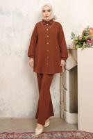 Tesettür giyim KAHVE ZİNCİR DETAYLI PANTOLONLU TAKIM T 1843