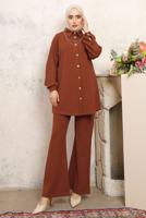 Tesettür giyim KAHVE ZİNCİR DETAYLI PANTOLONLU TAKIM T 1843