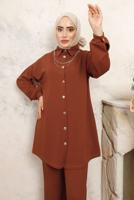 Tesettür giyim KAHVE ZİNCİR DETAYLI PANTOLONLU TAKIM T 1843