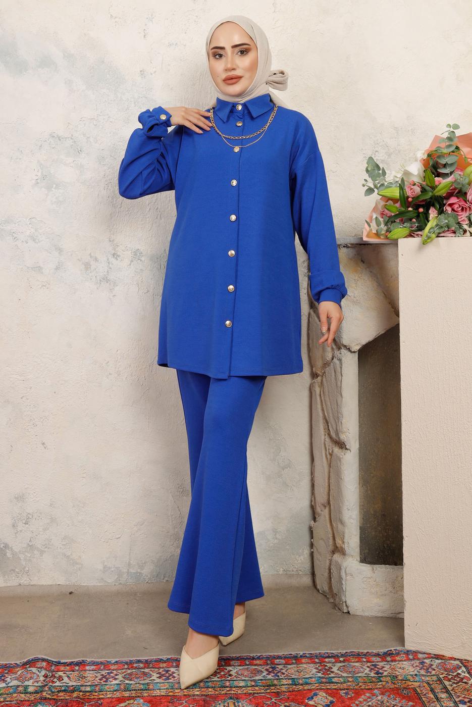 Tesettür giyim LACİVERT ZİNCİR DETAYLI PANTOLONLU TAKIM T 1843