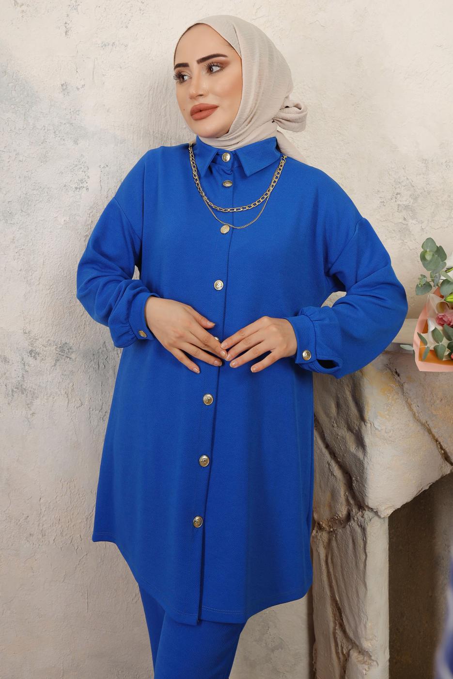 Tesettür giyim LACİVERT ZİNCİR DETAYLI PANTOLONLU TAKIM T 1843