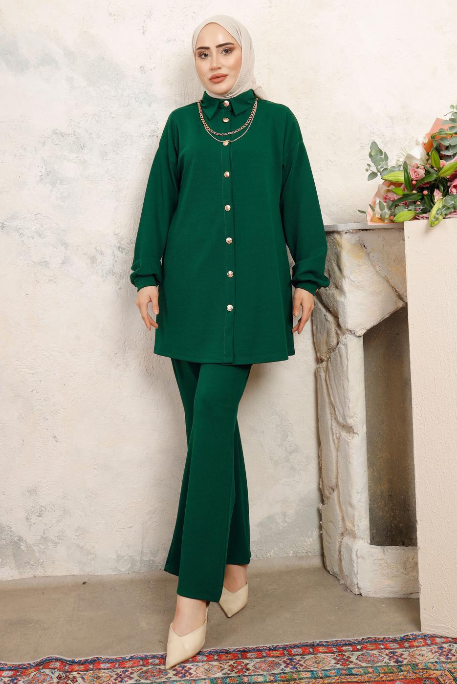 Tesettür giyim YEŞİL ZİNCİR DETAYLI PANTOLONLU TAKIM T 1843