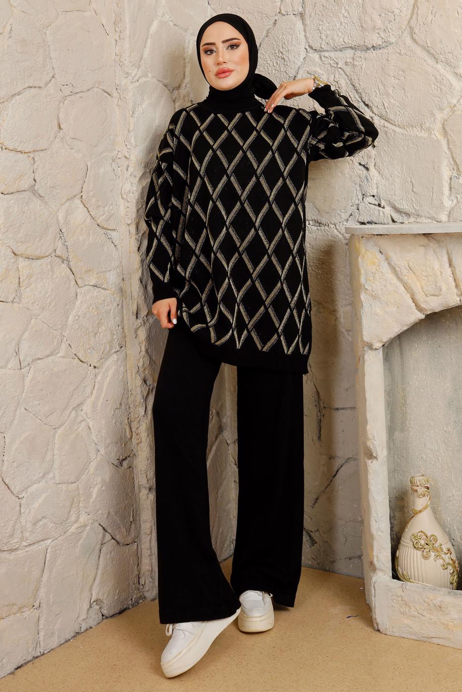 Tesettür giyim SİYAH BAKLAVA DESENLİ PANTOLONLU TRİKO TAKIM T 2008