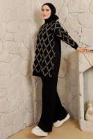 Tesettür giyim SİYAH BAKLAVA DESENLİ PANTOLONLU TRİKO TAKIM T 2008