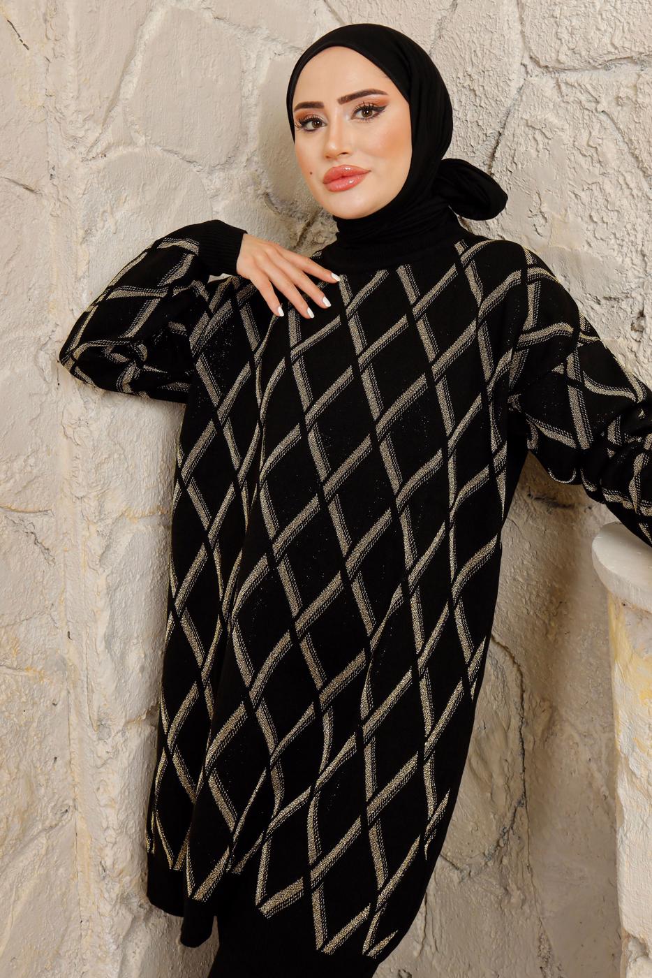 Tesettür giyim SİYAH BAKLAVA DESENLİ PANTOLONLU TRİKO TAKIM T 2008