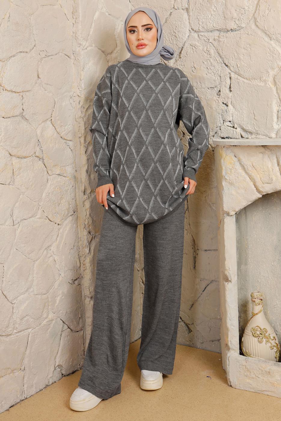 Tesettür giyim GRİ BAKLAVA DESENLİ PANTOLONLU TRİKO TAKIM T 2008