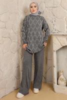 Tesettür giyim GRİ BAKLAVA DESENLİ PANTOLONLU TRİKO TAKIM T 2008