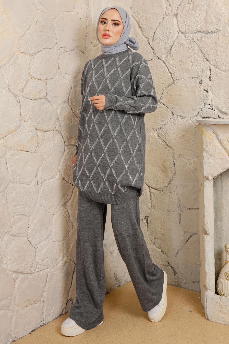 Tesettür giyim GRİ BAKLAVA DESENLİ PANTOLONLU TRİKO TAKIM T 2008
