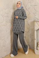 Tesettür giyim GRİ BAKLAVA DESENLİ PANTOLONLU TRİKO TAKIM T 2008