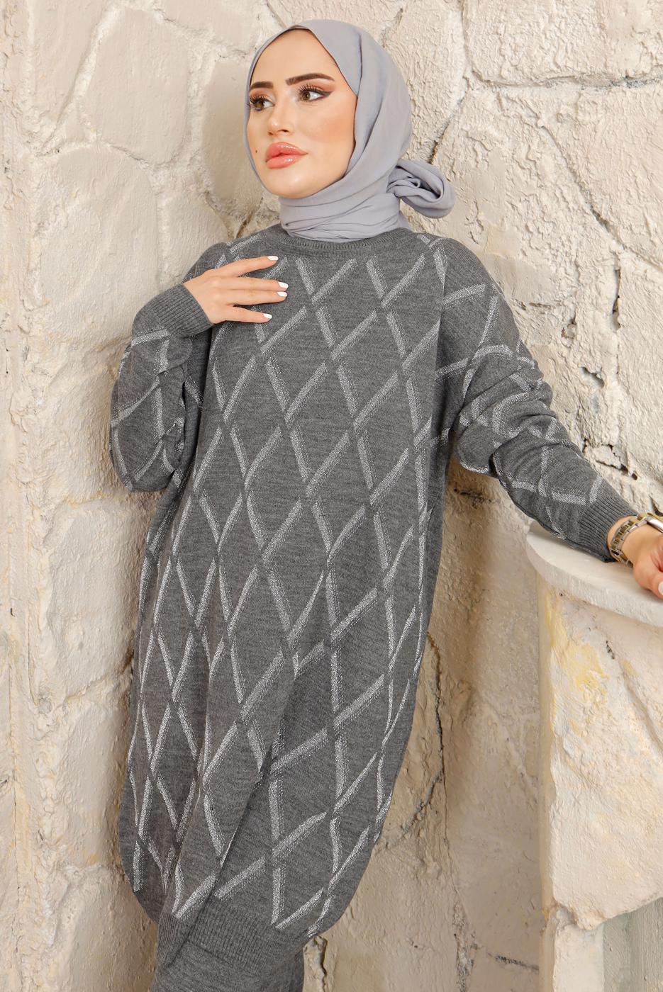 Tesettür giyim GRİ BAKLAVA DESENLİ PANTOLONLU TRİKO TAKIM T 2008