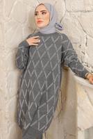 Tesettür giyim GRİ BAKLAVA DESENLİ PANTOLONLU TRİKO TAKIM T 2008