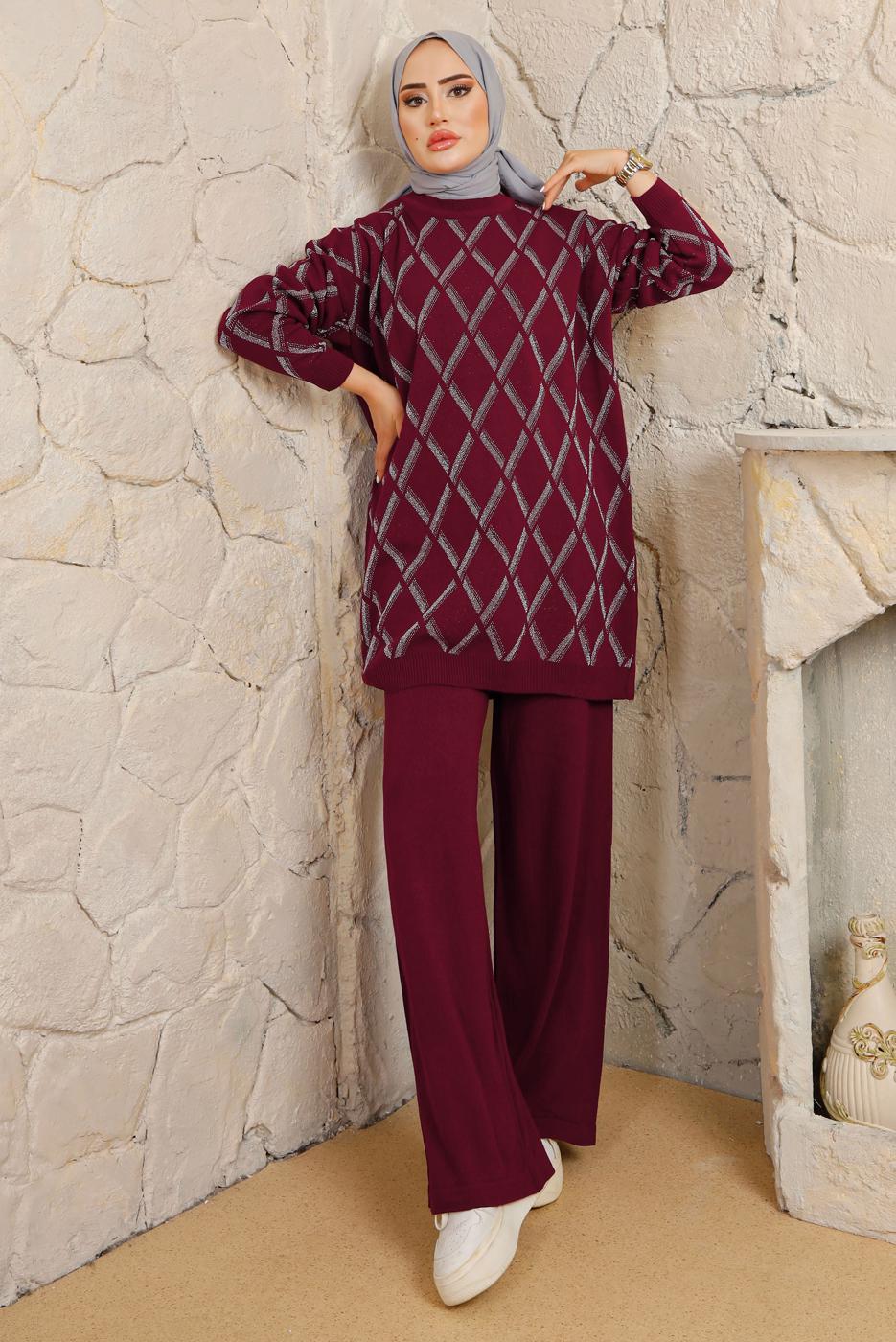 Tesettür giyim BORDO BAKLAVA DESENLİ PANTOLONLU TRİKO TAKIM T 2008