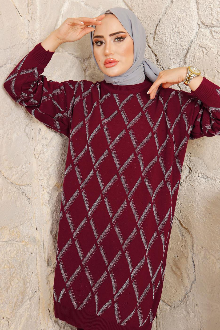 Tesettür giyim BORDO BAKLAVA DESENLİ PANTOLONLU TRİKO TAKIM T 2008