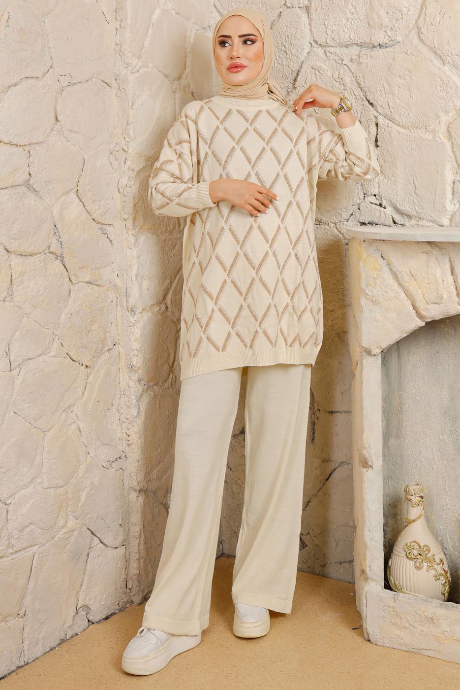 Tesettür giyim EKRU BAKLAVA DESENLİ PANTOLONLU TRİKO TAKIM T 2008