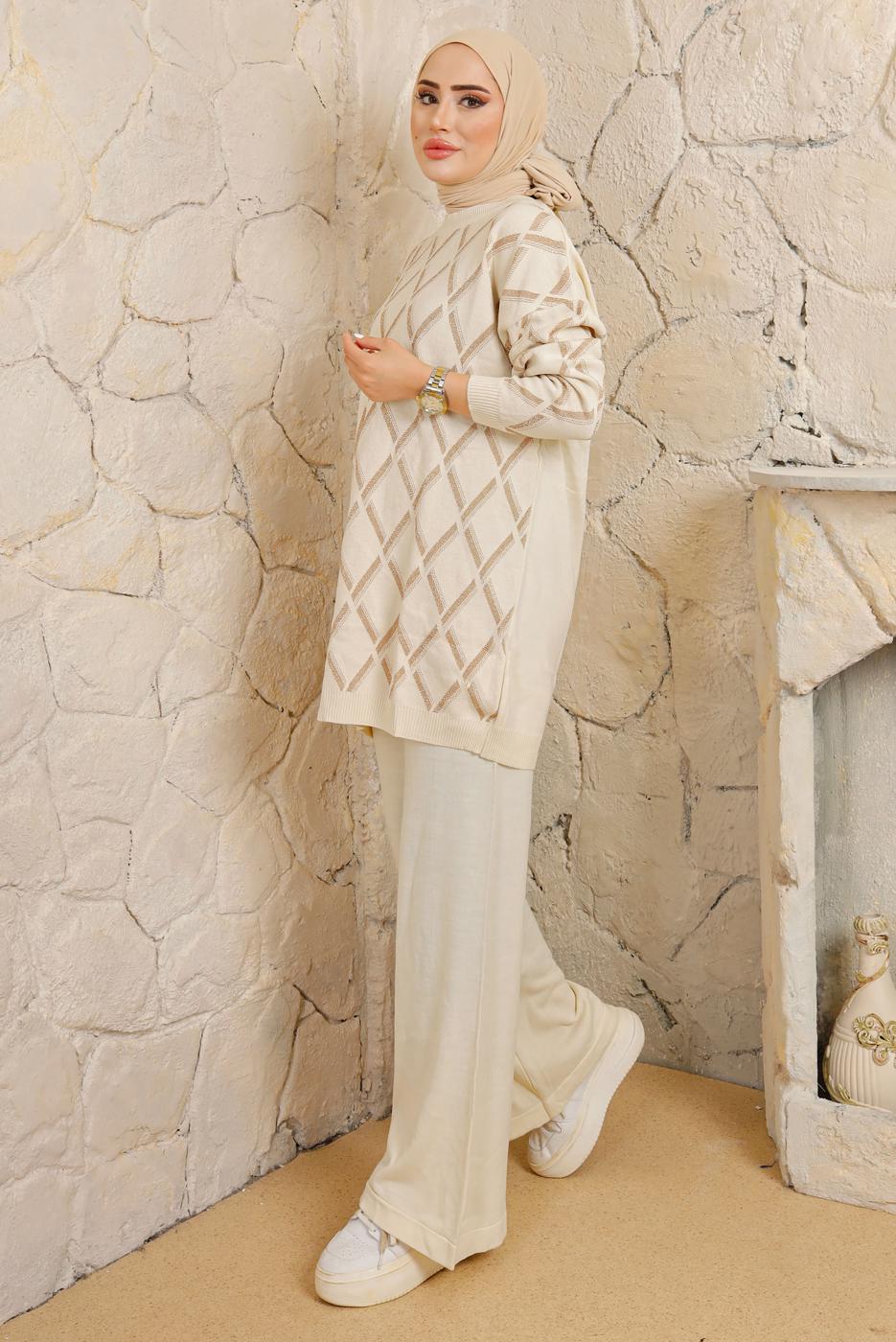 Tesettür giyim EKRU BAKLAVA DESENLİ PANTOLONLU TRİKO TAKIM T 2008