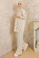 Tesettür giyim EKRU BAKLAVA DESENLİ PANTOLONLU TRİKO TAKIM T 2008