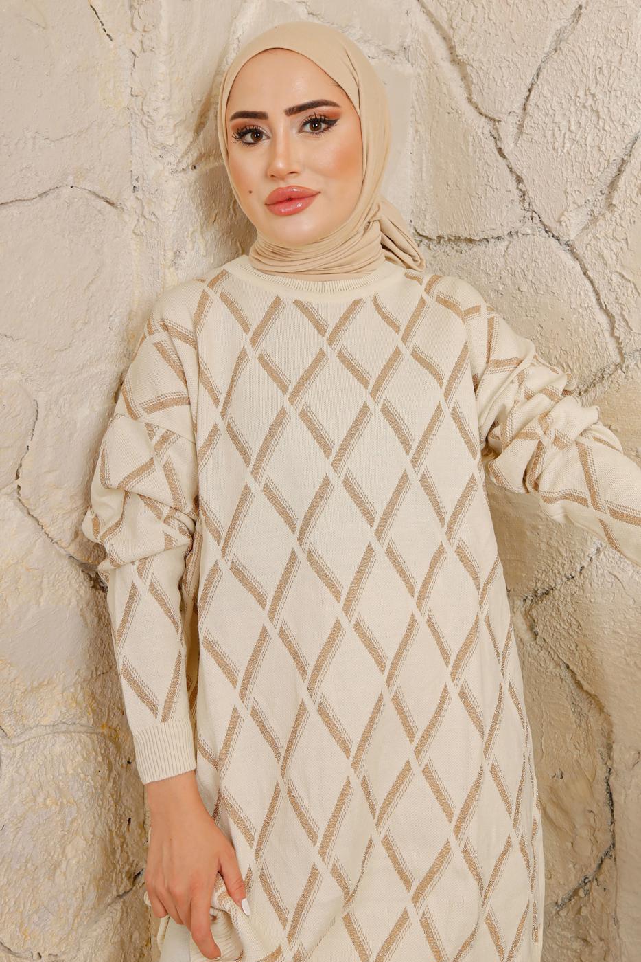 Tesettür giyim EKRU BAKLAVA DESENLİ PANTOLONLU TRİKO TAKIM T 2008