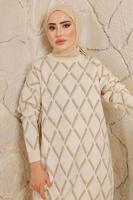 Tesettür giyim EKRU BAKLAVA DESENLİ PANTOLONLU TRİKO TAKIM T 2008