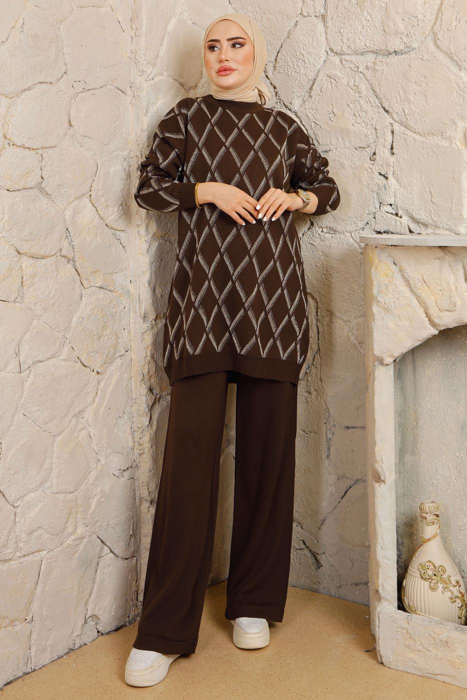 Tesettür giyim KAHVE BAKLAVA DESENLİ PANTOLONLU TRİKO TAKIM T 2008