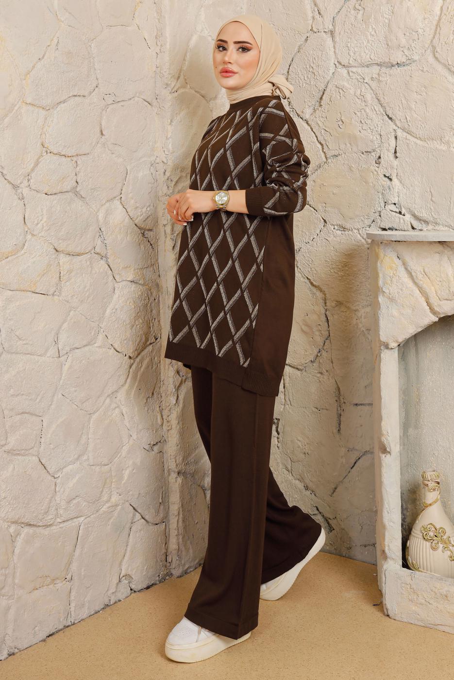 Tesettür giyim KAHVE BAKLAVA DESENLİ PANTOLONLU TRİKO TAKIM T 2008