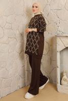 Tesettür giyim KAHVE BAKLAVA DESENLİ PANTOLONLU TRİKO TAKIM T 2008